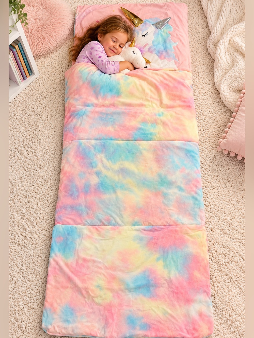 Girls Unicorn Pillow Bed Nap Mat Pastel Rainbow Sleepover Mat